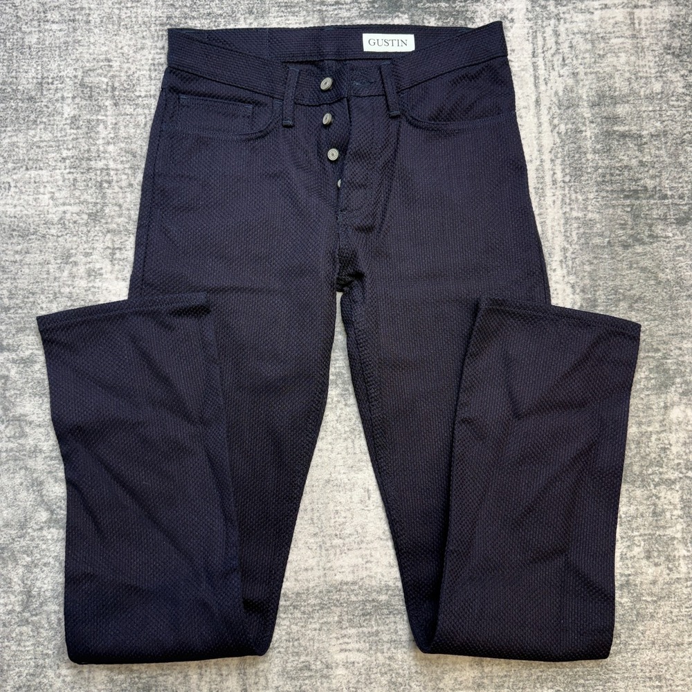 Gustin Jeans Mens 30x34 Navy Blue Indigo Waffle Weave Button Fly Straight Pants